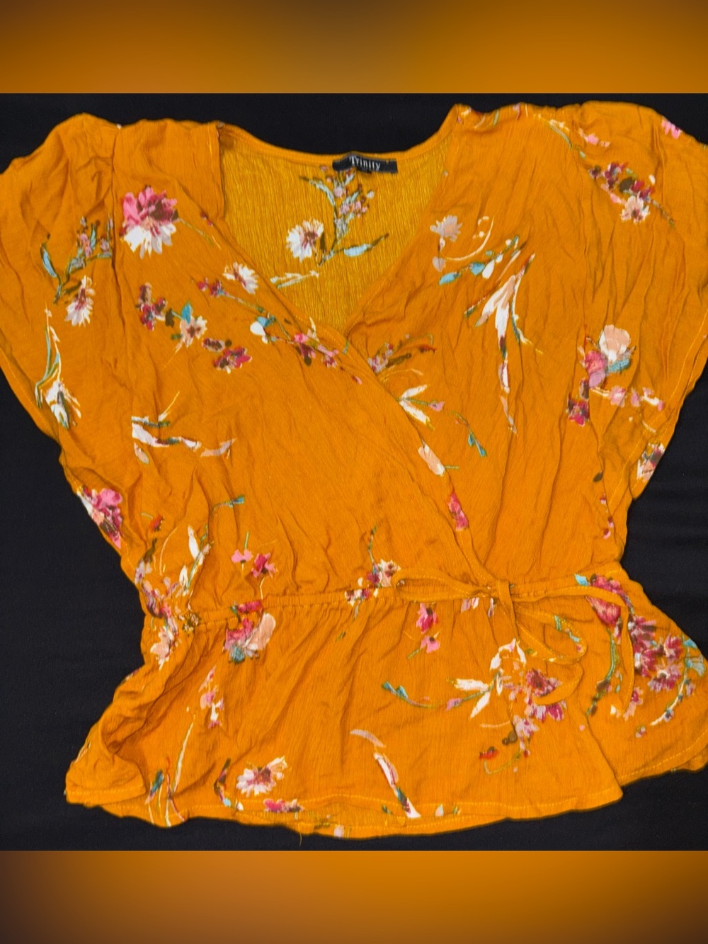 Trinity Mustard Floral Wrap Tie-Waist Blouse